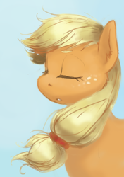 Size: 1136x1613 | Tagged: safe, artist:corevaluesart, imported from derpibooru, applejack, earth pony, pony, blue background, eyes closed, female, hatless, mare, missing accessory, simple background, solo, wind