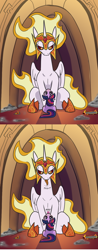 Size: 628x1594 | Tagged: safe, artist:greyscaleart, artist:jargon scott, color edit, edit, imported from derpibooru, daybreaker, twilight sparkle, alicorn, pony, unicorn, the tiny apprentice, ash, colored, comic, cute, diabreaker, female, filly, filly twilight sparkle, foal, looking at each other, mane of fire, mare, mombreaker, raspberry, raspberry noise, silly, silly pony, sitting, size difference, smol, sweet dreams fuel, the small acolyte, tongue out, younger
