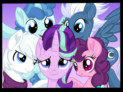 Size: 1024x768 | Tagged: safe, artist:sparkleshadow, imported from derpibooru, double diamond, night glider, party favor, starlight glimmer, sugar belle, earth pony, pegasus, pony, unicorn, crying, equal four, female, happy, male, mare, smiling, stallion