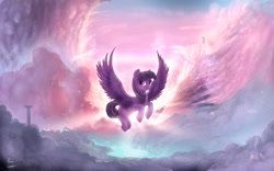 Size: 1920x1200 | Tagged: safe, artist:rain-gear, imported from derpibooru, twilight sparkle, alicorn, bird, pony, backlighting, city, cloud, cloudsdale, colored, female, flying, lighting, mare, mountain, scenery, scenery porn, shading, solo, spread wings, twilight sparkle (alicorn), wallpaper, wings