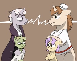 Size: 1444x1145 | Tagged: safe, artist:pastel-charms, imported from derpibooru, donut joe, zesty gourmand, oc, oc:sonata glazed, oc:zingy gourmet, pony, unicorn, clothes, colt, father and child, father and daughter, female, filly, like father like daughter, like mother like son, like parent like child, male, mare, mother and child, mother and son, offspring, parent:donut joe, parent:rarity, parents:rarijoe, rivalry, stallion