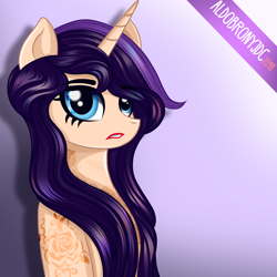 Size: 3200x3200 | Tagged: safe, artist:aldobronyjdc, imported from derpibooru, oc, oc only, oc:melody verve, anthro, unicorn, anthro oc, female, long hair, looking at you, simple background, solo, tattoo