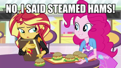 Size: 1080x608 | Tagged: safe, edit, edited screencap, imported from derpibooru, screencap, pinkie pie, sunset shimmer, equestria girls, mirror magic, spoiler:eqg specials, book, bracelet, burger, chair, discovery family logo, food, geode of empathy, geode of sugar bombs, hamburger, image macro, jewelry, journal, looking at each other, magical geodes, meme, pop culture, raised eyebrow, simpsons did it, smiling, steamed hams, storefront, table, television, the simpsons, tray