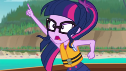 Size: 1280x720 | Tagged: safe, imported from derpibooru, screencap, sci-twi, twilight sparkle, equestria girls, equestria girls series, the salty sails, clothes, female, geode of telekinesis, glasses, lifejacket, open mouth, pointing, ponytail, raised arm, solo, swimsuit