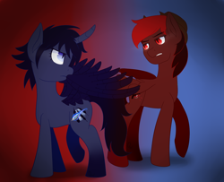 Size: 1600x1300 | Tagged: safe, artist:queenwildfire, imported from derpibooru, oc, oc only, oc:crimson blood, oc:raven nightblade, pegasus, pony, unicorn, angry, artificial wings, augmented, bat eyes, cowboy hat, female, hat, male, messy mane, requested art, standoff