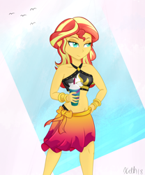 Size: 1498x1802 | Tagged: safe, artist:xethshade, imported from derpibooru, sunset shimmer, bird, equestria girls, equestria girls series, forgotten friendship, clothes, female, hot, midriff, milkshake, sarong, sexy, solo, straw, swimsuit