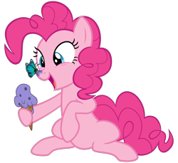 Size: 3500x3200 | Tagged: safe, artist:cheezedoodle96, imported from derpibooru, pinkie pie, butterfly, earth pony, pony, .svg available, butterfly on nose, cute, diapinkes, eye contact, female, food, hoof hold, ice cream, ice cream cone, insect on nose, looking at each other, mare, silly, silly pony, simple background, sitting, smiling, svg, transparent background, vector