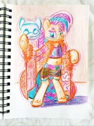 Size: 2654x3540 | Tagged: safe, artist:shoeunit, imported from derpibooru, oc, oc only, oc:shoelace, earth pony, pony, semi-anthro, asuka, belly button, clothes, colored pencil drawing, cosplay, costume, female, mare, mask, solo, sports, traditional art, wrestling, wwe