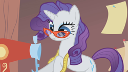 Size: 1280x720 | Tagged: safe, imported from derpibooru, screencap, rarity, pony, unicorn, suited for success, art of the dress, carousel boutique, female, glasses, mare, measure tape, messy mane, rarity's glasses, sewing machine, solo