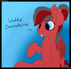 Size: 3690x3562 | Tagged: safe, artist:cremedelaclop, imported from derpibooru, oc, oc only, oc:cherry bomb, bat, bat pony, pony, bat wings, fangs, sitting, solo, tongue out