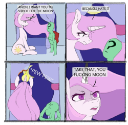 Size: 692x679 | Tagged: artist needed, source needed, safe, imported from derpibooru, princess celestia, oc, oc:anon, comic, moon, pink-mane celestia, vulgar