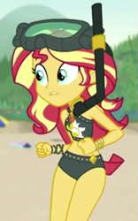 Size: 413x663 | Tagged: safe, imported from derpibooru, screencap, sunset shimmer, equestria girls, equestria girls series, unsolved selfie mysteries, beach shorts swimsuit, clothes, cropped, dive mask, diving goggles, snorkel, sunset shimmer swimsuit, sunset shimmer's beach shorts swimsuit, swimsuit