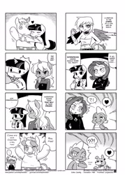 Size: 1464x2048 | Tagged: safe, artist:shepherd0821, imported from derpibooru, big macintosh, cheerilee, gilda, princess luna, rarity, smarty pants, spike, twilight sparkle, winona, anthro, dragon, comic:friendship is 4komagic, 4koma, ambiguous facial structure, belly button, cheerimac, clothes, comic, costume, cute, dream, female, grayscale, male, manga, midriff, monochrome, not creepy, obsession, shipping, smartymac, sparity, spinona, straight, translation, twiabetes