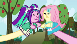 Size: 1256x720 | Tagged: safe, artist:bigpurplemuppet99, imported from derpibooru, aria blaze, fluttershy, equestria girls, equestria girls series, rainbow rocks, apple tree, ariashy, female, flutterblaze, lesbian, puppet, shipping, sweet apple acres, tree