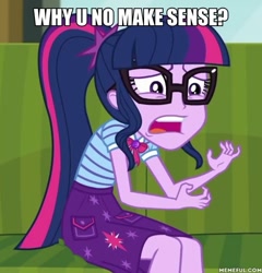 Size: 600x624 | Tagged: safe, edit, edited screencap, imported from derpibooru, screencap, sci-twi, twilight sparkle, equestria girls, equestria girls series, text support, cropped, female, geode of telekinesis, image macro, magical geodes, meme, memeful.com, solo, text support: sunset shimmer