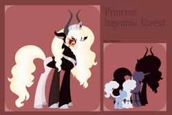 Size: 1024x689 | Tagged: safe, artist:chaserofthelight99, imported from derpibooru, oc, oc only, oc:ingenia essent, hybrid, base used, cloven hooves, female, horns, interspecies offspring, multiple limbs, offspring, parent:lord tirek, parent:princess celestia, parents:celestirek, reference sheet, size chart, size comparison, solo