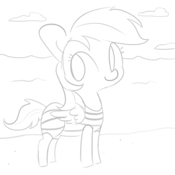 Size: 1650x1650 | Tagged: safe, artist:tjpones, imported from derpibooru, rainbow dash, pegasus, pony, beach, clothes, female, grayscale, mare, monochrome, ocean, simple background, smoldash, solo, swimsuit, white background