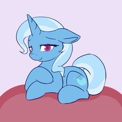 Size: 750x750 | Tagged: safe, artist:theparagon, imported from derpibooru, trixie, pony, unicorn, colored pupils, cute, diatrixes, female, floppy ears, mare, prone, simple background, solo