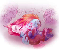 Size: 1131x953 | Tagged: safe, artist:pinkablue, imported from derpibooru, pinkie pie, rainbow dash, earth pony, pegasus, pony, alternate timeline, apinkalypse pie, apocalypse dash, blushing, crying, crystal war timeline, eye scar, eyes closed, female, hug, kissing, lesbian, pinkamena diane pie, pinkiedash, scar, shipping, signature, smiling, sombra soldier, torn ear, winghug