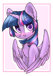 Size: 1288x1843 | Tagged: safe, artist:ohno, imported from derpibooru, twilight sparkle, alicorn, pony, chest fluff, cute, eye clipping through hair, female, looking at you, mare, smiling, solo, sparkles, twiabetes, twilight sparkle (alicorn)