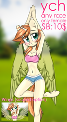 Size: 1221x2200 | Tagged: safe, artist:ohno, imported from derpibooru, alicorn, anthro, pegasus, unguligrade anthro, unicorn, advertisement, armpits, commission, solo, your character here