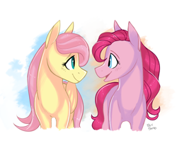 Size: 2200x1900 | Tagged: safe, artist:eeviart, imported from derpibooru, fluttershy, pinkie pie, earth pony, pegasus, pony, abstract background, alternate hairstyle, blushing, cute, diapinkes, eye contact, female, flutterpie, lesbian, looking at each other, mare, shipping, shyabetes, smiling