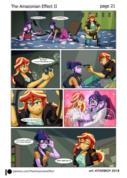 Size: 1681x2344 | Tagged: safe, artist:atariboy2600, artist:bluecarnationstudios, imported from derpibooru, sci-twi, sunset shimmer, twilight sparkle, comic:the amazonian effect, comic:the amazonian effect ii, equestria girls, blushing, canterlot high, clothes, comic, cute, destruction, dialogue, female, first person view, flashback, glasses, lab coat, lesbian, offscreen character, pov, scitwishimmer, shipping, sunsetsparkle, trio, twiabetes, twolight