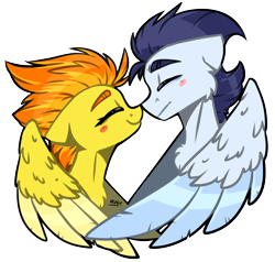 Size: 2630x2500 | Tagged: safe, artist:lrusu, imported from derpibooru, soarin', spitfire, pegasus, pony, blushing, boop, bust, cute, cutefire, eyes closed, female, floppy ears, hug, male, mare, mutual booping, noseboop, shipping, simple background, soarinfire, stallion, straight, transparent background, winghug