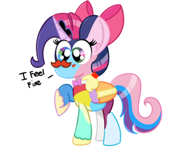 Size: 1500x1290 | Tagged: safe, imported from derpibooru, apple bloom, applejack, big macintosh, carrot cake, cheerilee, fluttershy, lyra heartstrings, octavia melody, pinkie pie, princess luna, rainbow dash, rarity, scootaloo, starlight glimmer, sweetie belle, twilight sparkle, oc, oc only, oc:clusterfuck, alicorn, pony, alicorn oc, appleflaritwidashpie, applmaccarrcheerlyrscootabelleshylyraoctpinklunrainrarglimtwi, bow, crown, cutie mark crusaders, facial hair, female, fusion, hair bow, hoof shoes, jewelry, mane six, moustache, regalia, solo, tumblr, twilight sparkle (alicorn), wat, we have become one, what has magic done, what has science done, why