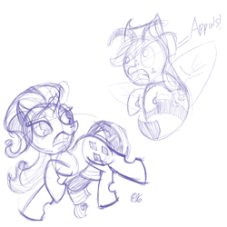 Size: 2048x2048 | Tagged: safe, artist:therederrorart, imported from derpibooru, applejack, rarity, bee pony, original species, unicorn, applebee's, fight, funny, rarity fighting a giant applebee's, request, sketch, species swap