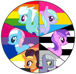 Size: 1668x1636 | Tagged: safe, artist:razorbladetheunicron, deleted from derpibooru, imported from derpibooru, amethyst star, fleetfoot, flitter, limestone pie, lotus blossom, saffron masala, sparkler, earth pony, pegasus, pony, unicorn, lateverse, alternate universe, asexual, asexual pride flag, base used, bisexual pride flag, bisexuality, circle of friendship, clothes, cute, cutie mark, ear piercing, earring, female, gay pride flag, group, headband, heterosexual flag, heterosexuality, homosexuality, jewelry, lithromantic, lithromantic pride flag, male, pansexual, pansexual pride flag, pansexuality, piercing, pride, pride flag, pride month, sexuality headcanon, shirt, straight