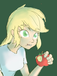 Size: 1535x2048 | Tagged: safe, artist:noupu, imported from derpibooru, applejack, equestria girls, apple, blonde, clothes, eating, female, food, hatless, missing accessory, shirt, simple background, solo, that pony sure does love apples