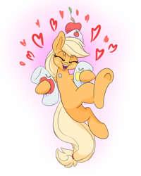 Size: 1200x1500 | Tagged: safe, artist:heir-of-rick, imported from derpibooru, applejack, earth pony, pony, daily apple pony, apple, body pillow, button, clothes, cute, eyes closed, female, freckles, gradient background, happy, hat, heart, hidden cane, jackabetes, jacket, mare, pillow, smiling, solo, that pony sure does love apples, underhoof