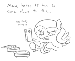 Size: 456x373 | Tagged: safe, artist:jargon scott, imported from derpibooru, part of a set, fluttershy, pegasus, pony, augmentation, augmented, black and white, butcher knife, dialogue, doomba, duct tape, female, grayscale, hoof hold, knife, mare, monochrome, roomba, roombashy, simple background, tape, white background