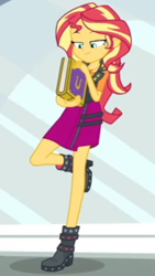 Size: 624x1109 | Tagged: safe, imported from derpibooru, sunset shimmer, equestria girls, equestria girls series, forgotten friendship, boots, clothes, geode of empathy, jacket, leather jacket, raised leg, shoes, skirt, wondercolt statue, yearbook