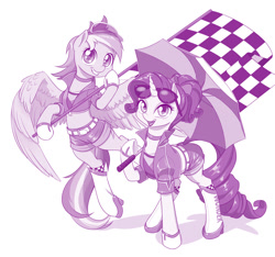 Size: 1100x1031 | Tagged: safe, artist:dstears, imported from derpibooru, rainbow dash, rarity, pegasus, pony, unicorn, boots, checkered flag, female, flag, hat, looking at you, mare, monochrome, purple, race queen, shoes, simple background, smiling, sunglasses, umbrella, white background