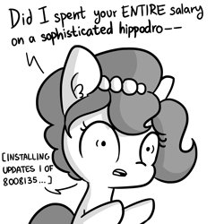 Size: 3000x3000 | Tagged: safe, artist:dsp2003, artist:tjpones, artist:tjpones edits, edit, imported from derpibooru, oc, oc:brownie bun, earth pony, pony, robot, robot pony, horse wife, 5318008, 8008135, comic, dialogue, ear fluff, english, female, grammar error, grayscale, high res, male, mare, monochrome, open mouth, raised hoof, raised leg, simple background, solo, white background