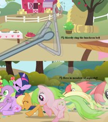 Size: 800x900 | Tagged: safe, edit, edited screencap, imported from derpibooru, screencap, apple cobbler, applejack, peachy sweet, red gala, spike, twilight sparkle, friendship is magic, apple family member, apple tree, barn, bell, gilbert and sullivan, lyrics, princess ida, song reference, sweet apple acres, text, tree