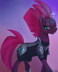 Size: 1908x2365 | Tagged: safe, artist:uncannycritter, imported from derpibooru, tempest shadow, pony, unicorn, my little pony: the movie, armor, broken horn, electricity magic, eye scar, female, mare, scar, solo