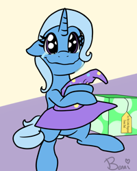 Size: 800x1000 | Tagged: safe, artist:bennimarru, imported from derpibooru, trixie, pony, clothes, crying, cute, diatrixes, female, filly, filly trixie, flat colors, hat, implied jack pot, manechat challenge, present, simple background, sitting up, smiling, solo, tears of joy, trixie's hat, weapons-grade cute, young, younger