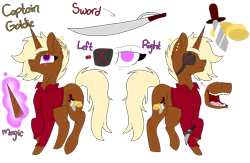 Size: 1024x668 | Tagged: safe, artist:tomboygirl45, imported from derpibooru, oc, oc only, oc:captain goldie, pony, unicorn, clothes, eyepatch, female, mare, reference sheet, simple background, solo, sword, transparent background, weapon