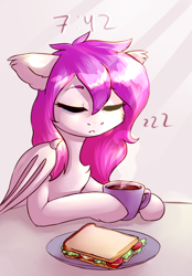 Size: 1000x1438 | Tagged: safe, artist:redslipp, imported from derpibooru, oc, oc only, oc:luscious desire, bat pony, pony, bat pony oc, bust, chest fluff, coffee, eyes closed, floppy ears, food, portrait, sandwich, sitting, sleepy, solo, tired, zzz