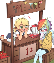 Size: 1200x1400 | Tagged: safe, artist:dcon, imported from derpibooru, applejack, rainbow dash, human, equestria girls, anime style, apple, apple juice, appledash, blender (object), blushing, clothes, cup, cute, daaaaaaaaaaaw, dashabetes, dawwww, dcon is trying to murder us, feet, female, flip-flops, food, hnnng, humanized, jackabetes, juice, lesbian, no nose, overalls, precious, sandals, shipping, shorts, simple background, sweater, tsundere, weapons-grade cute, white background, winged humanization, wings, younger