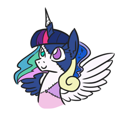 Size: 444x424 | Tagged: safe, artist:jargon scott, imported from derpibooru, part of a set, princess cadance, princess celestia, princess luna, twilight sparkle, oc, oc:celuna cadelight, alicorn, pony, alicorn tetrarchy, female, frankenpony, mare, simple background, solo, stitches, twilight sparkle (alicorn), what has magic done, white background