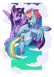 Size: 1705x2416 | Tagged: safe, artist:johnjudes, imported from derpibooru, rainbow dash, twilight sparkle, alicorn, pegasus, pony, female, flying, lesbian, looking at each other, mare, shipping, simple background, smiling, transparent background, twidash, twilight sparkle (alicorn), watermark