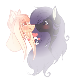 Size: 1599x1779 | Tagged: safe, artist:mauuwde, imported from derpibooru, oc, oc:ender heart, oc:lyshuu, pony, bust, female, lesbian, nuzzling, oc x oc, portrait, shipping, simple background, white background