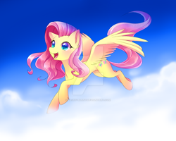 Size: 900x720 | Tagged: dead source, safe, artist:jacky-bunny, imported from derpibooru, fluttershy, pegasus, pony, cloud, female, flying, mare, solo, watermark