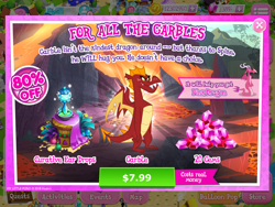 Size: 2048x1536 | Tagged: safe, imported from derpibooru, screencap, ballista, bon bon, diamond tiara, garble, glitter drops, spitfire, sweetie drops, dragon, advertisement, costs real money, crack is cheaper, gameloft, official, teenaged dragon