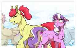 Size: 1024x639 | Tagged: safe, artist:inuhoshi-to-darkpen, imported from derpibooru, apple bloom, diamond tiara, scootaloo, silver spoon, earth pony, pegasus, pony, blushing, chest fluff, diamondbloom, duo focus, eyes closed, female, floppy ears, head out of frame, height difference, implied diamondbloom, implied lesbian, implied shipping, lesbian, looking back, mare, older, older apple bloom, older diamond tiara, older scootaloo, older silver spoon, open mouth, patreon, patreon logo, shipping, smiling