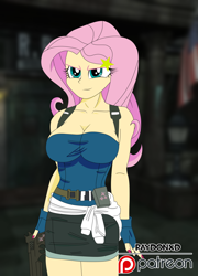 Size: 1024x1424 | Tagged: safe, artist:raydonxd, imported from derpibooru, part of a set, fluttershy, equestria girls, big breasts, breasts, busty fluttershy, cleavage, clothes, crossover, female, gun, jill valentine, patreon, patreon logo, raccoon city, resident evil, resident evil 3, solo, weapon